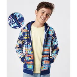 Pine Kids Cotton Knit Full Drop Shoulder Sleeves Text Printed Hooded Sweatjacket & Kangaroo Pocket - Navy Blue-image-0