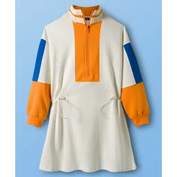 Pine Kids Cotton Knit Full Drop Shoulder Sleeves Winter Frock with Color Block Design - Marshmallow White & Yellow-image-4