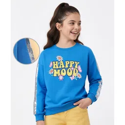 Pine Kids Cotton Knit Full Drop Sleeves Sweat Shirt with Sequinned detailing & Floral  Text Print - Blue-image-49