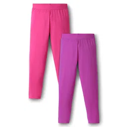 Pine Kids Cotton Knit Full Length Solid Colour Leggings Pack Of 2 - Pink & Purple-image-24