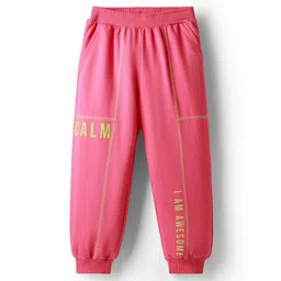 Pine Kids Cotton Knit Full Length Track Pant with Calm Text Print - Dark Pink-picture-19