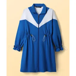 Pine Kids Cotton Knit Full Peasant Sleeves Color Block Winter Frock - Royal Blue & White-image-22