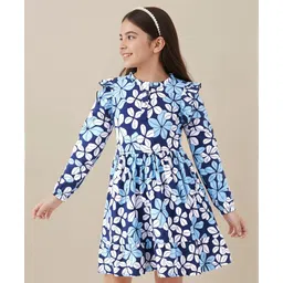 Pine Kids Cotton Knit Full Peasant Sleeves Frock With Floral Print - Blue-image-16