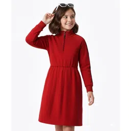 Pine Kids Cotton Knit Full Raglan Sleeves Solid Colour Winter Dress - Maroon-image-42