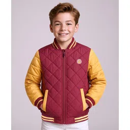 Pine Kids Cotton Knit Full Sleeves Bomber Jacket with Patch Detailing - Maroon & Yellow-image-30