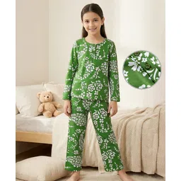 Pine Kids Cotton Knit Full Sleeves Co-ord Night Suit with Floral Print - Green-picture-40