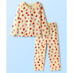 Pine Kids Cotton Knit Full Sleeves Co-ords Night Suit with Strawberry Print - Yellow-image-26