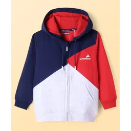 Pine Kids Cotton Knit Full Sleeves Cut & Sew Design Hooded Sweat Jacket with Kangaroo Pockets & Text Print - Red Blue & Grey-image-32