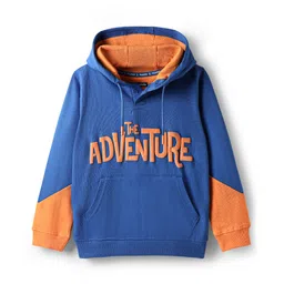 Pine Kids Cotton Knit Full Sleeves Cut & Sew Hooded Sweatshirt with Adventure Text Print & Kangaroo Pockets - Orange & Blue-image-37
