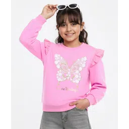 Pine Kids Cotton Knit Full Sleeves Drop Shoulder Sweatshirt with Abstract & Glitter Text Print - Pink-image-7