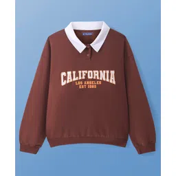 Pine Kids Cotton Knit Full Sleeves Drop Shoulder Sweatshirt with Collar Neck & Text Print - Brown-image-11