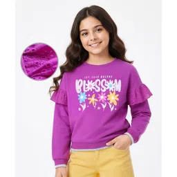 Pine Kids Cotton Knit Full Sleeves Drop Shoulder Sweatshirt with Floral Print & Frill Detailing - Purple-picture-38
