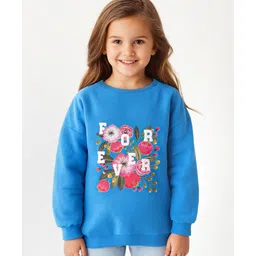 Pine Kids Cotton Knit Full Sleeves Drop Shoulder Sweatshirt with Text & Floral Print - Blue-image-8