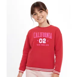 Pine Kids Cotton Knit Full Sleeves Drop Shoulder Sweatshirt with Text Print & Embroidery - Red-picture-32