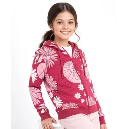 Pine Kids Cotton Knit Full Sleeves Front Open Hooded Sweatjacket with Floral Print - Pink-picture-38