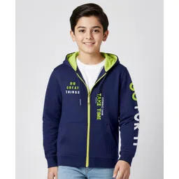 Pine Kids Cotton Knit Full Sleeves Hooded Sweatjacket With Text Print & Kangaroo Pockets - Navy Blue-image-45