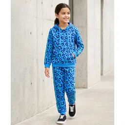 Pine Kids Cotton Knit Full Sleeves Hooded Sweatshirt & Joggers Set withPrint - Blue-image-14