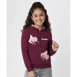 Pine Kids Cotton Knit Full Sleeves Hooded Sweatshirt with Floral Graphics - Wine-picture-26