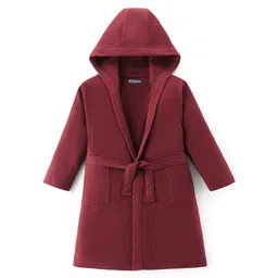 Pine Kids Cotton Knit Full Sleeves Solid Color Hooded Bath Robe - Maroon-image-19