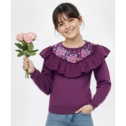 Pine Kids Cotton Knit Full Sleeves Sweatshirt With Floral Embroidery - Violet-image-17