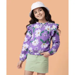 Pine Kids Cotton Knit Full Sleeves Top With Frill Detailing & Floral Print - Lilac-picture-33
