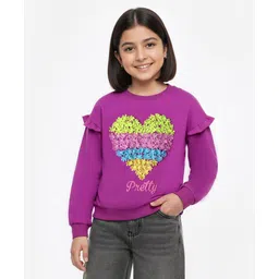 Pine Kids Cotton Knit FullDrop Shoulder Sleeves Sweatshirt with Floral Applique - Purple-picture-30