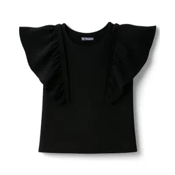 Pine Kids Cotton Knit Half Flutter Sleeves Solid Color Top - Black-picture-40