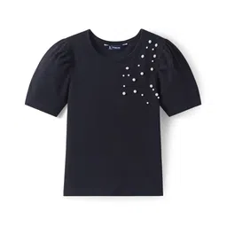 Pine Kids Cotton Knit Half Puffed Sleeves Top with Pearls Detailing - Black-picture-25