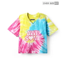 Pine Kids Cotton Knit Half Raglan Sleeves Tie & Dye T-Shirt with with Text Print - Yellow Pink & Light Blue-picture-23