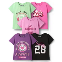 Pine Kids Cotton Knit Half Sleeves T-Shirts with Text Print Pack of 5 - Multicolor-picture-19