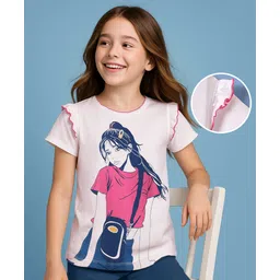 Pine Kids Cotton Knit Half Sleeves Top With Doll Print & Frill Detailing - White-picture-19