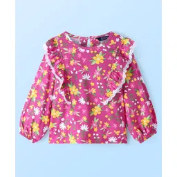 Pine Kids Cotton Knit Peasant Sleeves Lace & Frill Detailing Floral Printed Top - Dark Pink-picture-24
