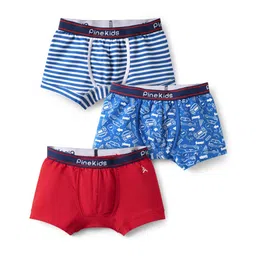 Pine Kids Cotton Knit Trunks with Stripe Design & Car Print Pack of 3 - Red & Blue-image-6