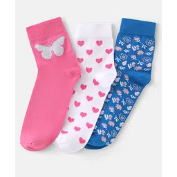 Pine Kids Cotton Spandex Knit High Ankle Socks Heart & Floral Design Pack Of 3 - Pink Blue & White-picture-32