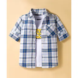 Pine Kids Cotton Woven Full Sleeves Checks Shirt With Printed T-Shirt - Blue & White-picture-20