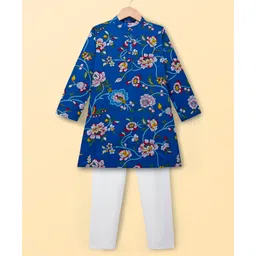 Pine Kids Cotton Woven Full Sleeves Floral Printed Kurta Pajama Set - Blue-picture-23
