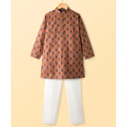 Pine Kids Cotton Woven Full Sleeves Kurta Pajama Set with Floral Print - Brown-picture-21