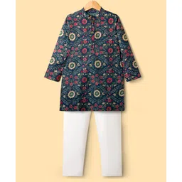 Pine Kids Cotton Woven Full Sleeves Kurta Pajama Set with Floral Print - Navy Blue-picture-21