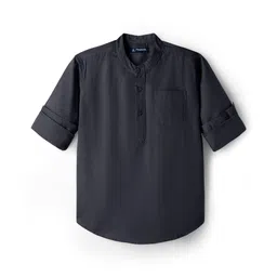 Pine Kids Cotton Woven Full Sleeves Mandarin Collar Solid Kurta Style Shirt - Black-picture-22