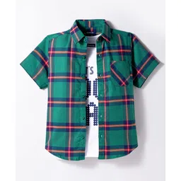 Pine Kids Cotton Woven Half Sleeves Checks Shirt With Text Printed T-Shirt - Green-picture-19