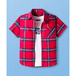 Pine Kids Cotton Woven Half Sleeves Checks Shirt With Text Printed T-Shirt - Red-picture-28