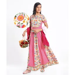 Pine Kids Cotton Woven Half Sleeves Choli Lehenga Set with Dupatta & Floral Print & Lace Detailing - Pink & White-picture-26