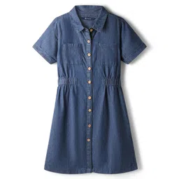 Pine Kids Cotton Woven Half Sleeves Collar Neck Shirt Style Solid Dress with Cinched Waist - Mid Blue-picture-30