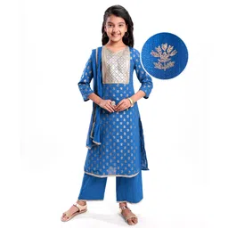 Pine Kids Cotton Woven Half Sleeves Floral Printed Kurta Salwar Dupatta Set with Lace & Sequin Detailing - Navy Blue-picture-28