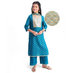 Pine Kids Cotton Woven Half Sleeves Floral Printed Kurta Salwar Dupatta Set with Lace & Sequin Detailing - Teal Blue-picture-27