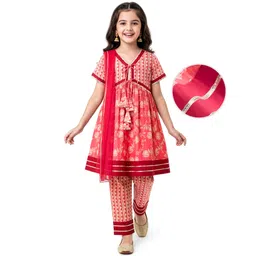 Pine Kids Cotton Woven Half Sleeves Kurta Churidar & Dupata Set With Floral Print - Coral-picture-35