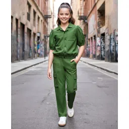 Pine Kids Cotton Woven Half Sleeves Solid Colour Top & Trouser Pant Set - Green-picture-25