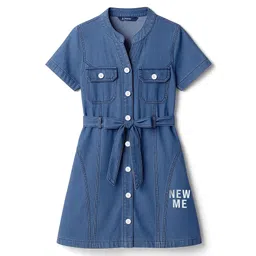 Pine Kids Cotton Woven Half Sleeves Solid Shirt Dress With Belt - Blue-picture-31
