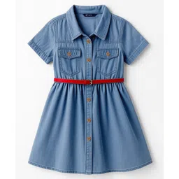 Pine Kids Cotton Woven Half Sleeves Solid Shirt Dress With Belt - Blue-picture-34