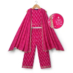 Pine Kids Cotton Woven Sleeveless Floral & Badhani Printed Top with Jacket & Pant Set - Pink-picture-22